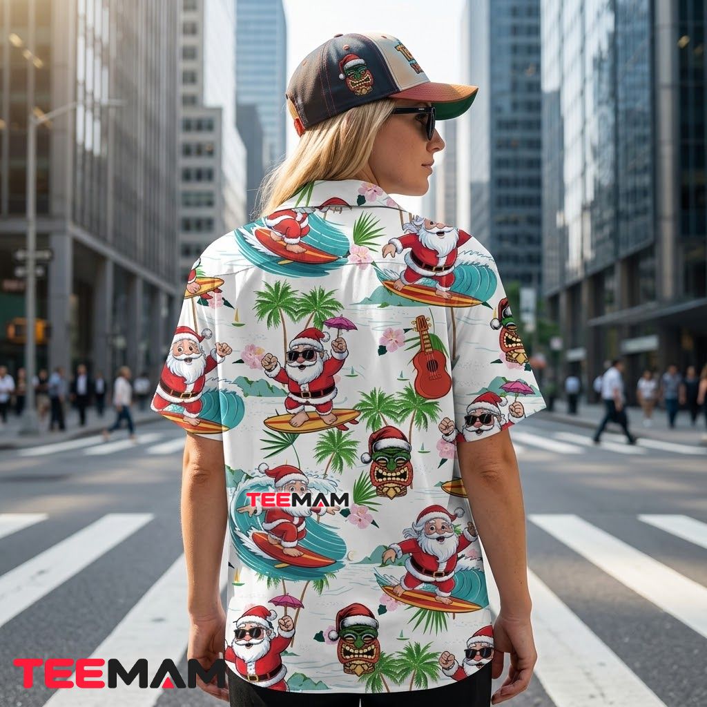Surfing Santa Christmas Hawaiian Shirt Tropical Tiki Mask Ukulele White Version 3 Surfing Santa Christmas Hawaiian Shirt Tropical Tiki Mask Ukulele White Version 3