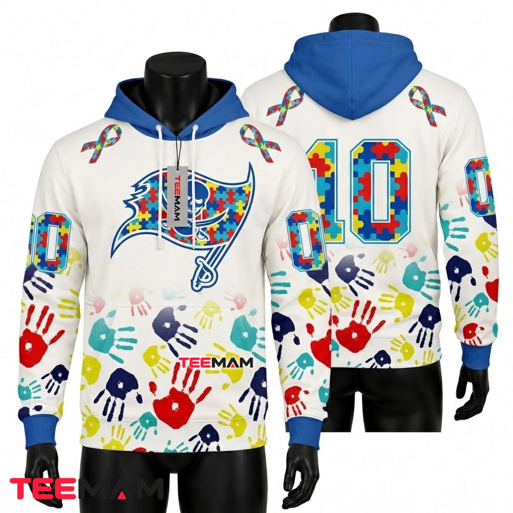 Tampa Bay Buccaneers 3D Hoodie Autism Awareness Handprint Ribbon Front
