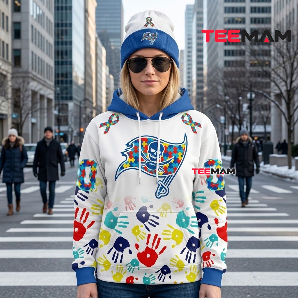 Tampa Bay Buccaneers 3D Hoodie Autism Awareness Handprint Ribbon Back Tampa Bay Buccaneers 3D Hoodie Autism Awareness Handprint Ribbon Back