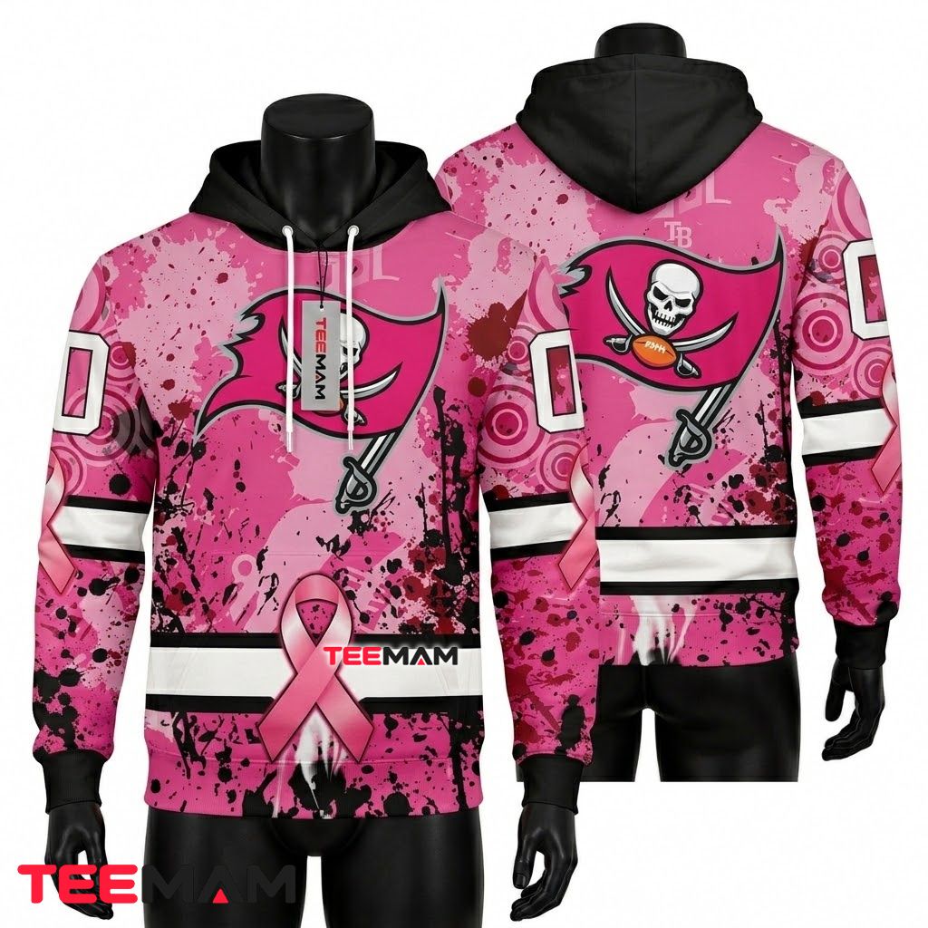 Tampa Bay Buccaneers 3D Hoodie Breast Cancer Awareness Pink Splatter Front