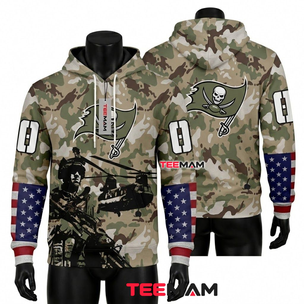 Tampa Bay Buccaneers 3D Hoodie Camo Soldier Helicopter Salute Front