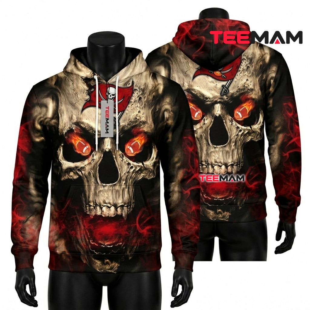 Tampa Bay Buccaneers 3D Hoodie Flaming Eyes Skull Football Front
