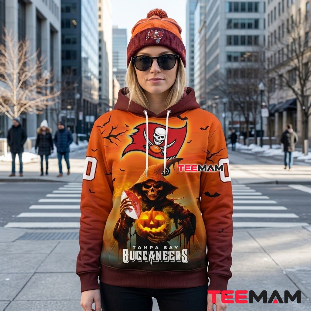 Tampa Bay Buccaneers 3D Hoodie Hooded Reaper Jack O Lantern Back Tampa Bay Buccaneers 3D Hoodie Hooded Reaper Jack O Lantern Back