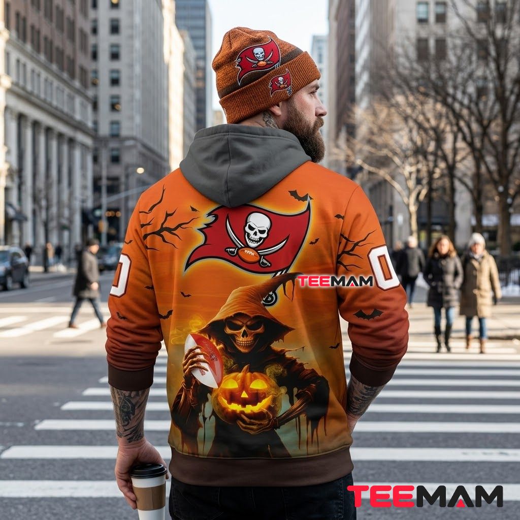 Tampa Bay Buccaneers 3D Hoodie Hooded Reaper Jack O Lantern Version 3 Tampa Bay Buccaneers 3D Hoodie Hooded Reaper Jack O Lantern Version 3