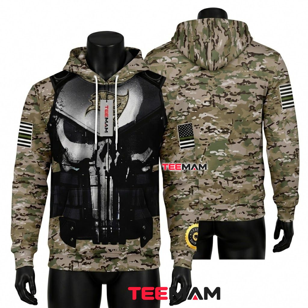 Tampa Bay Buccaneers 3D Hoodie Punisher Skull Camo Armor Front