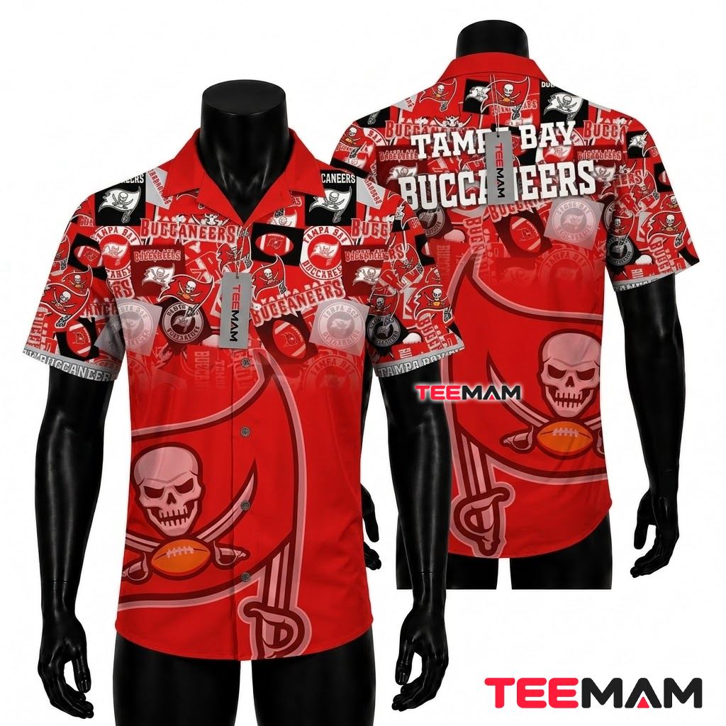 Tampa Bay Buccaneers Aloha Shirt Logo Collage Front