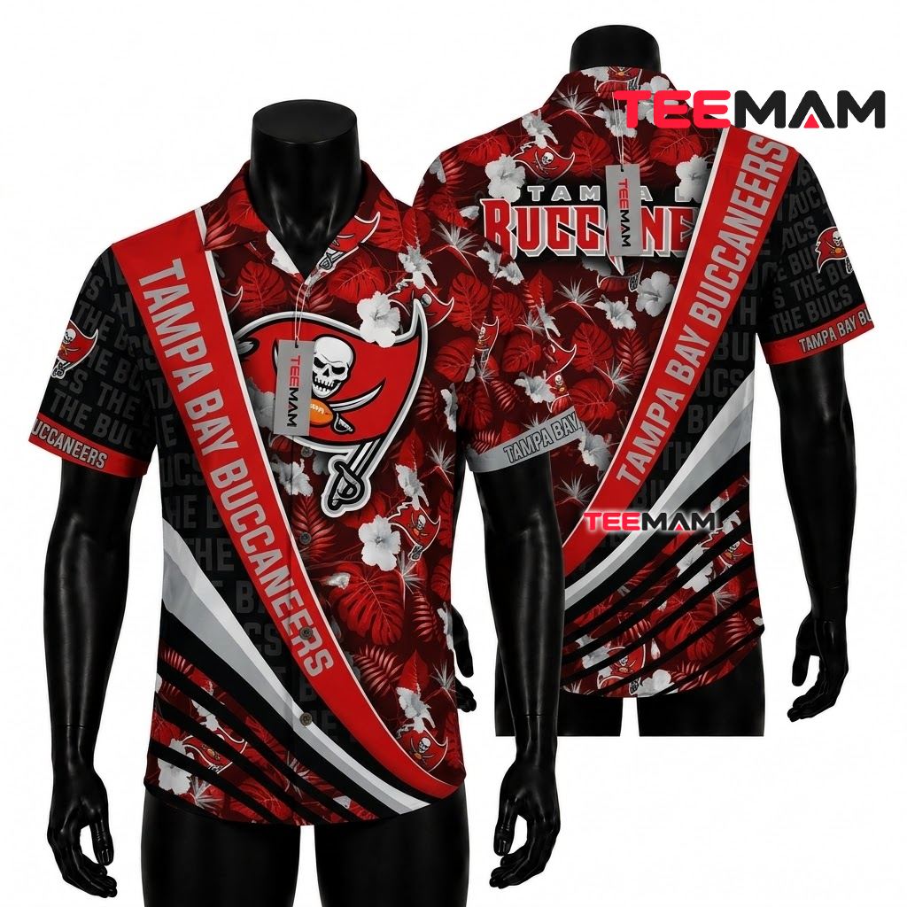 Tampa Bay Buccaneers Hawaiian Shirt Hibiscus Stripe Beach Front