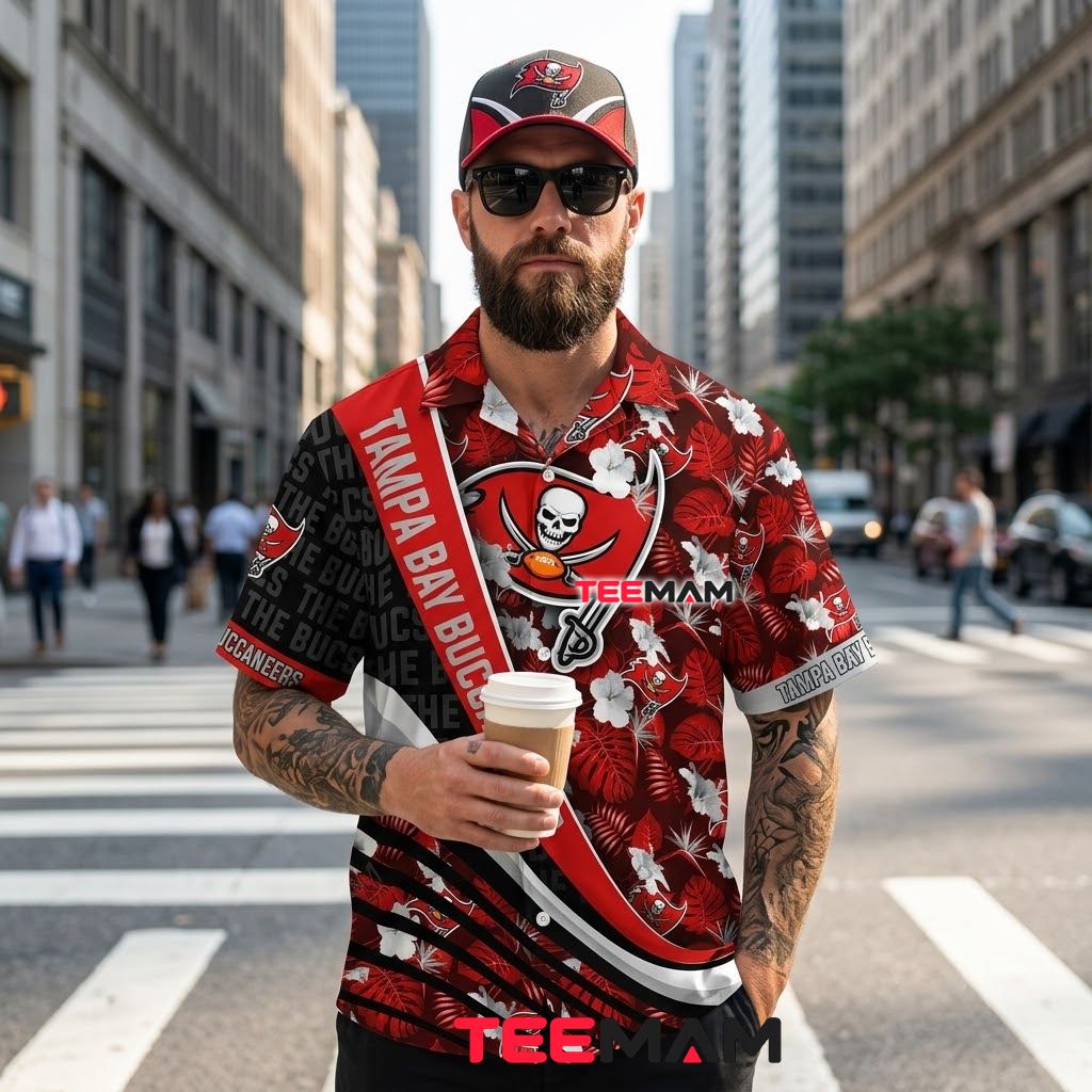 Tampa Bay Buccaneers Hawaiian Shirt Hibiscus Stripe Beach Back Tampa Bay Buccaneers Hawaiian Shirt Hibiscus Stripe Beach Back