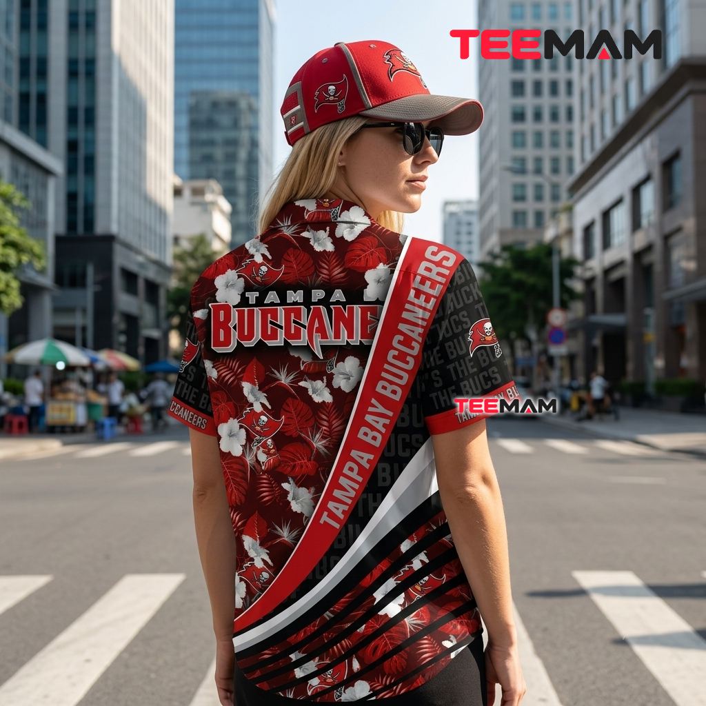 Tampa Bay Buccaneers Hawaiian Shirt Hibiscus Stripe Beach Version 3 Tampa Bay Buccaneers Hawaiian Shirt Hibiscus Stripe Beach Version 3