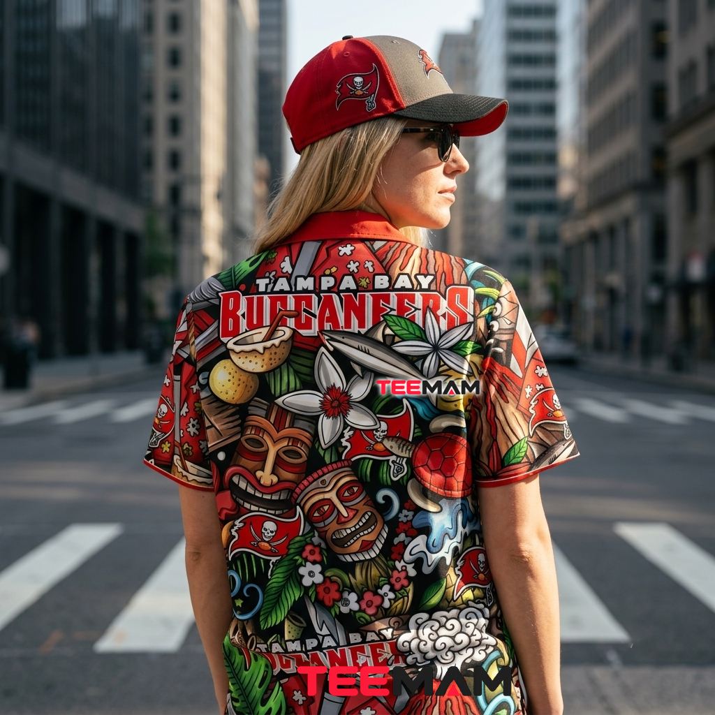 Tampa Bay Buccaneers Hawaiian Shirt Tiki Sunset Version 3 Tampa Bay Buccaneers Hawaiian Shirt Tiki Sunset Version 3