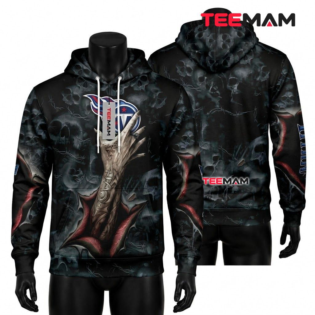 Tennessee Titans 3D Hoodie Tattooed Hand Skull Halloween Front