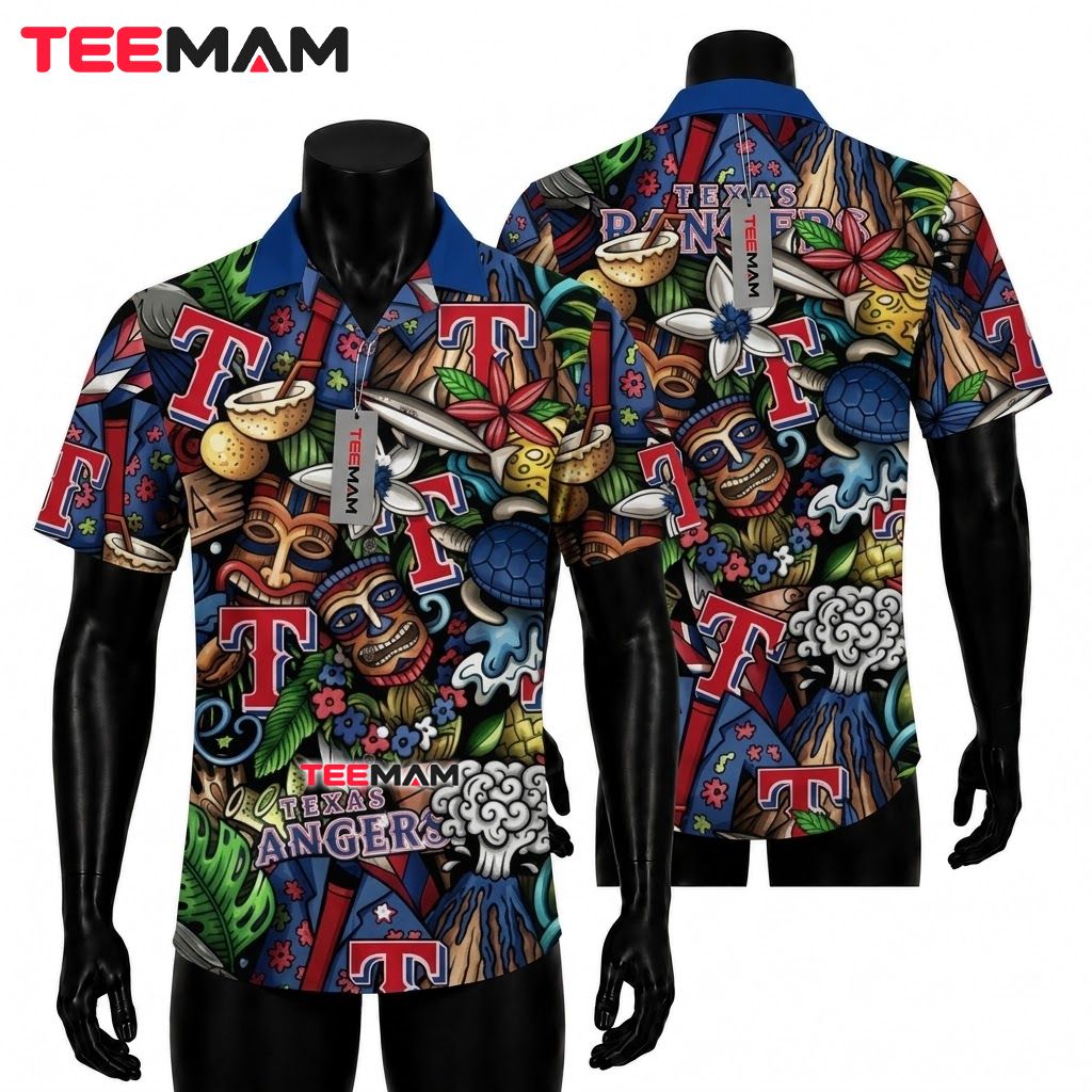 Texas Rangers Aloha Shirt Tiki Volcano Front