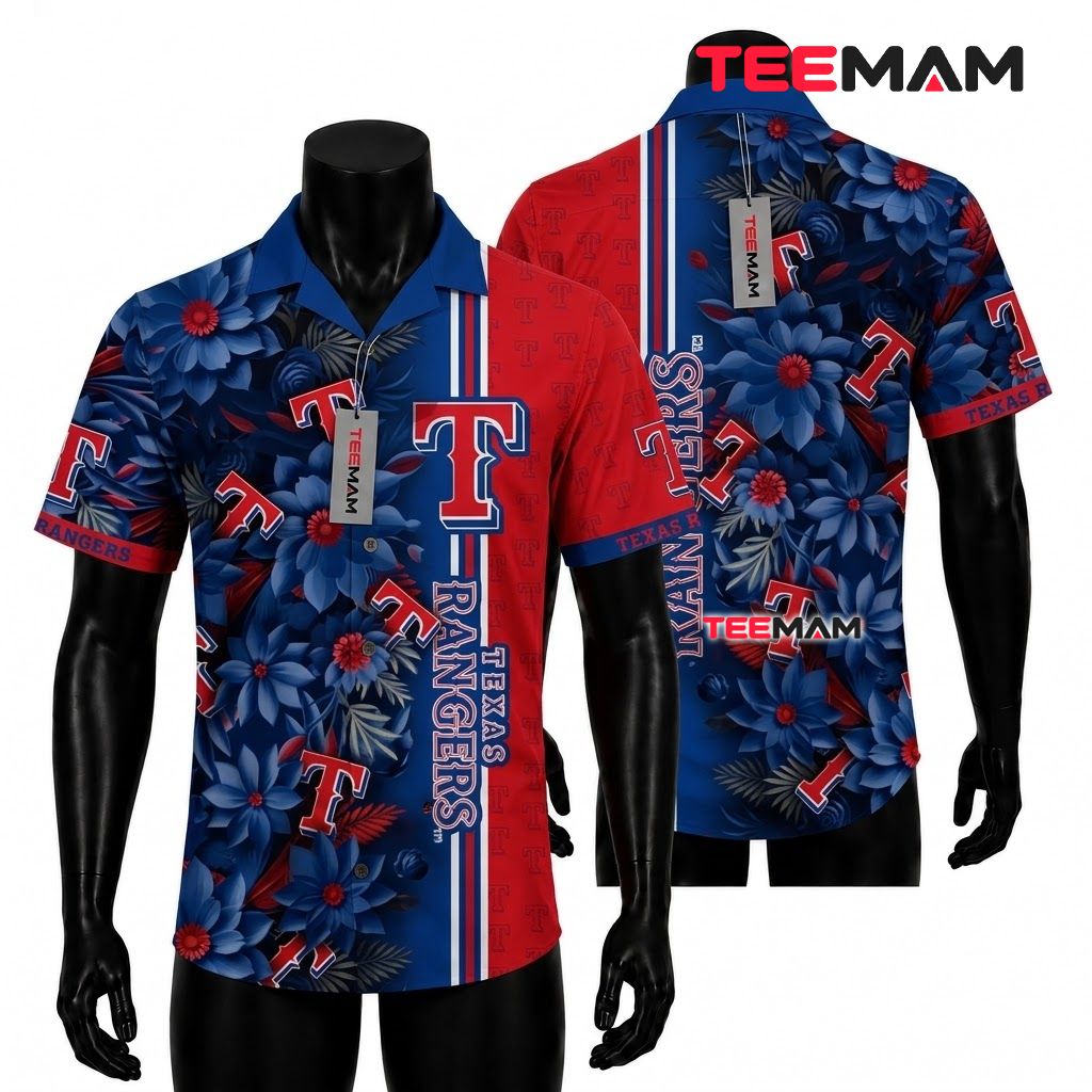 Texas Rangers Hawaiian Shirt Blue Daisy Stripe Front