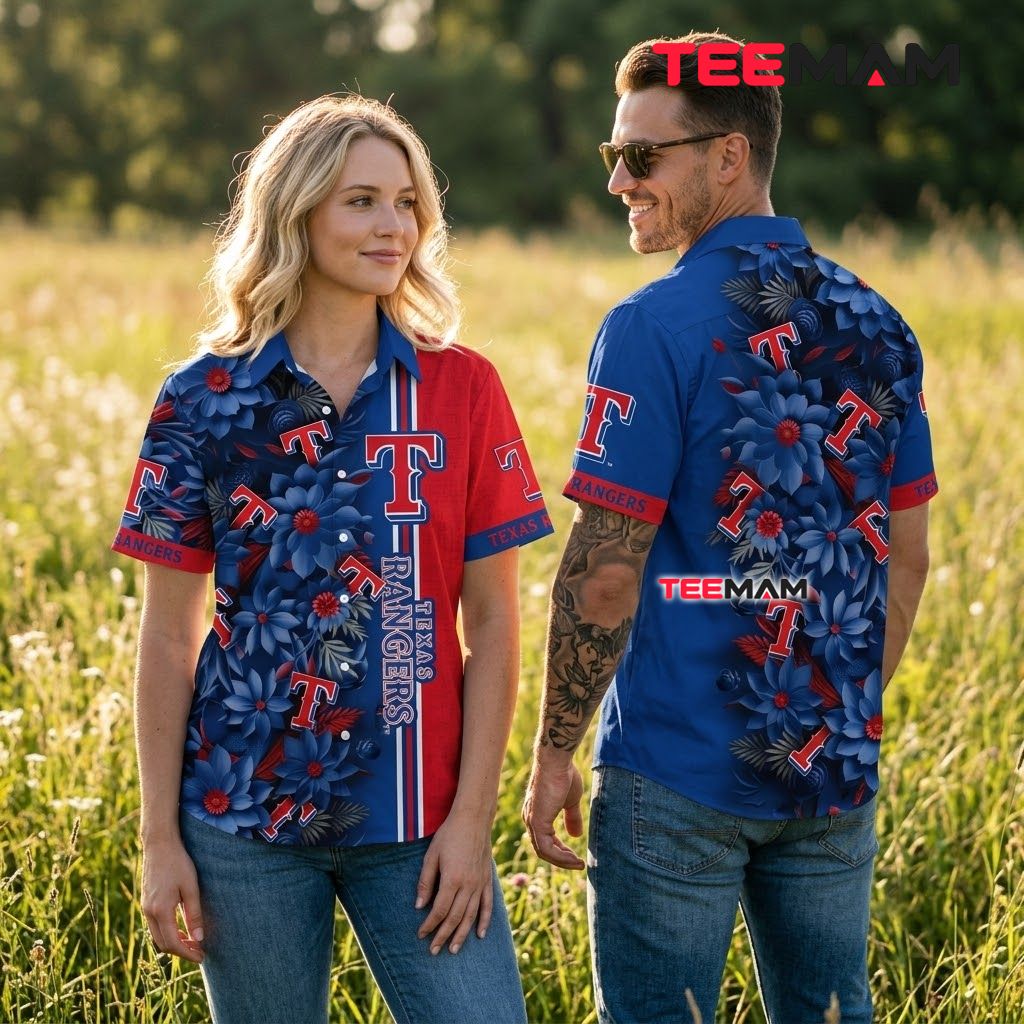 Texas Rangers Hawaiian Shirt Blue Daisy Stripe Back Texas Rangers Hawaiian Shirt Blue Daisy Stripe Back