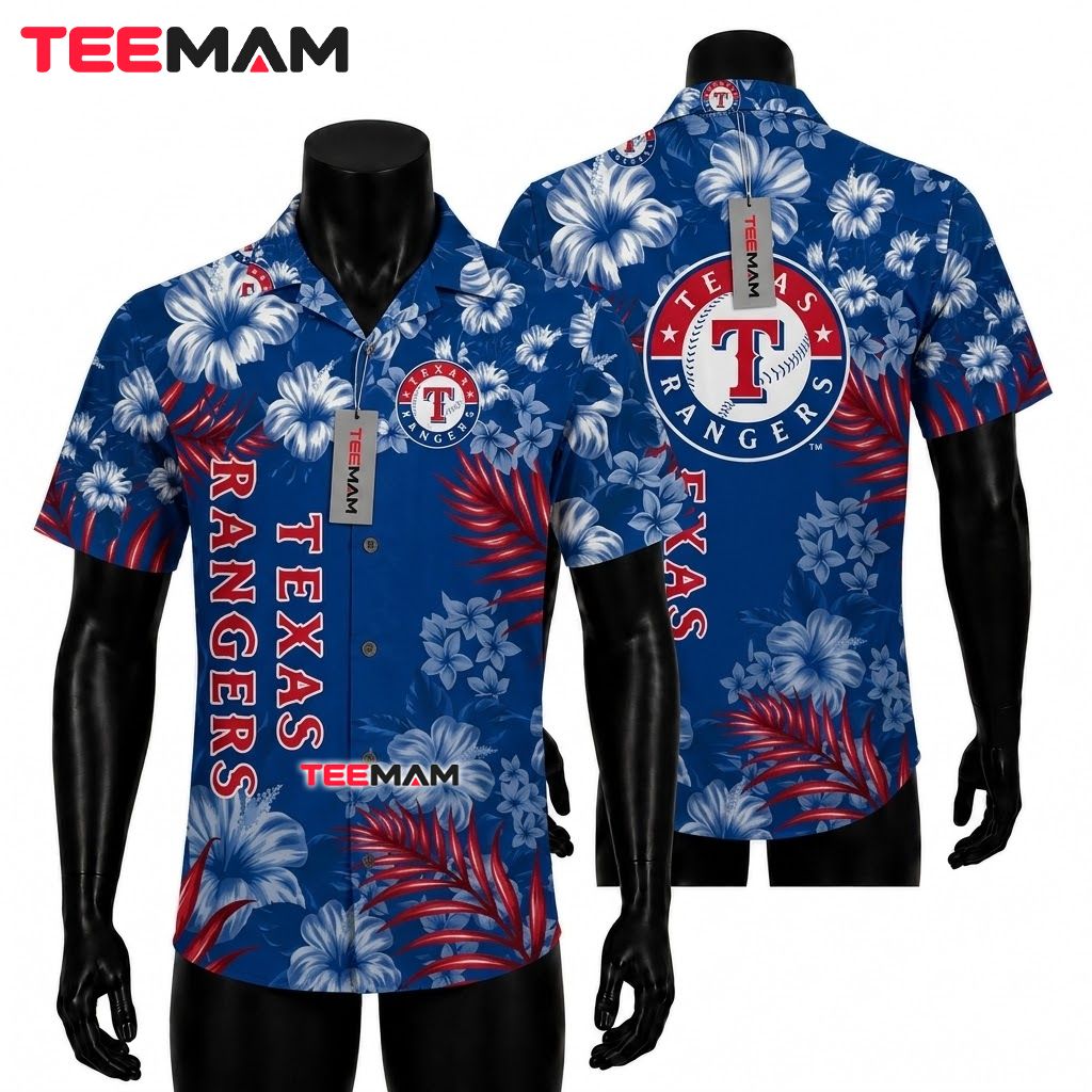 Texas Rangers Hawaiian Shirt Blue Hibiscus Vertical Front