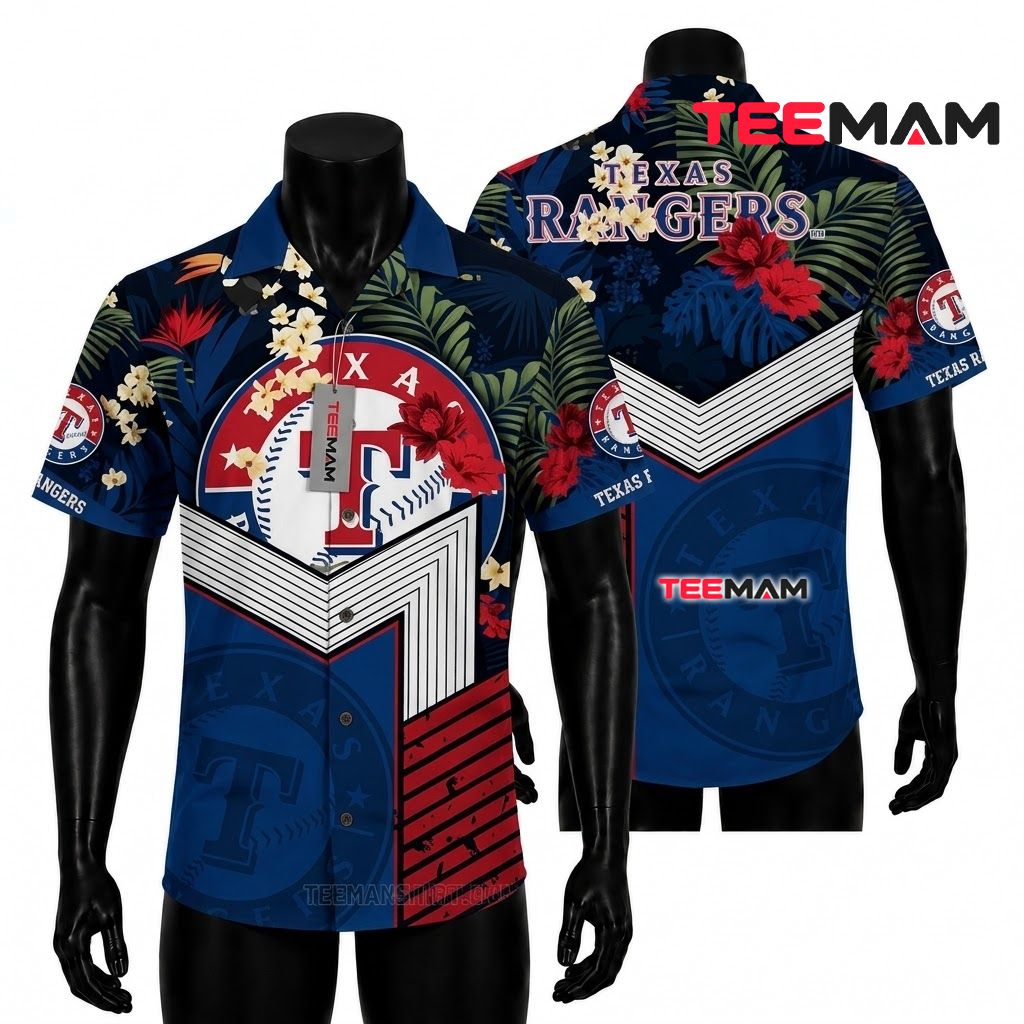 Texas Rangers Hawaiian Shirt Chevron Floral Front