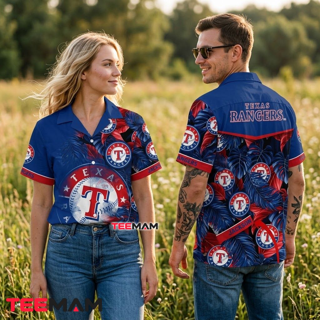 Texas Rangers Hawaiian Shirt Dark Palm Back Texas Rangers Hawaiian Shirt Dark Palm Back