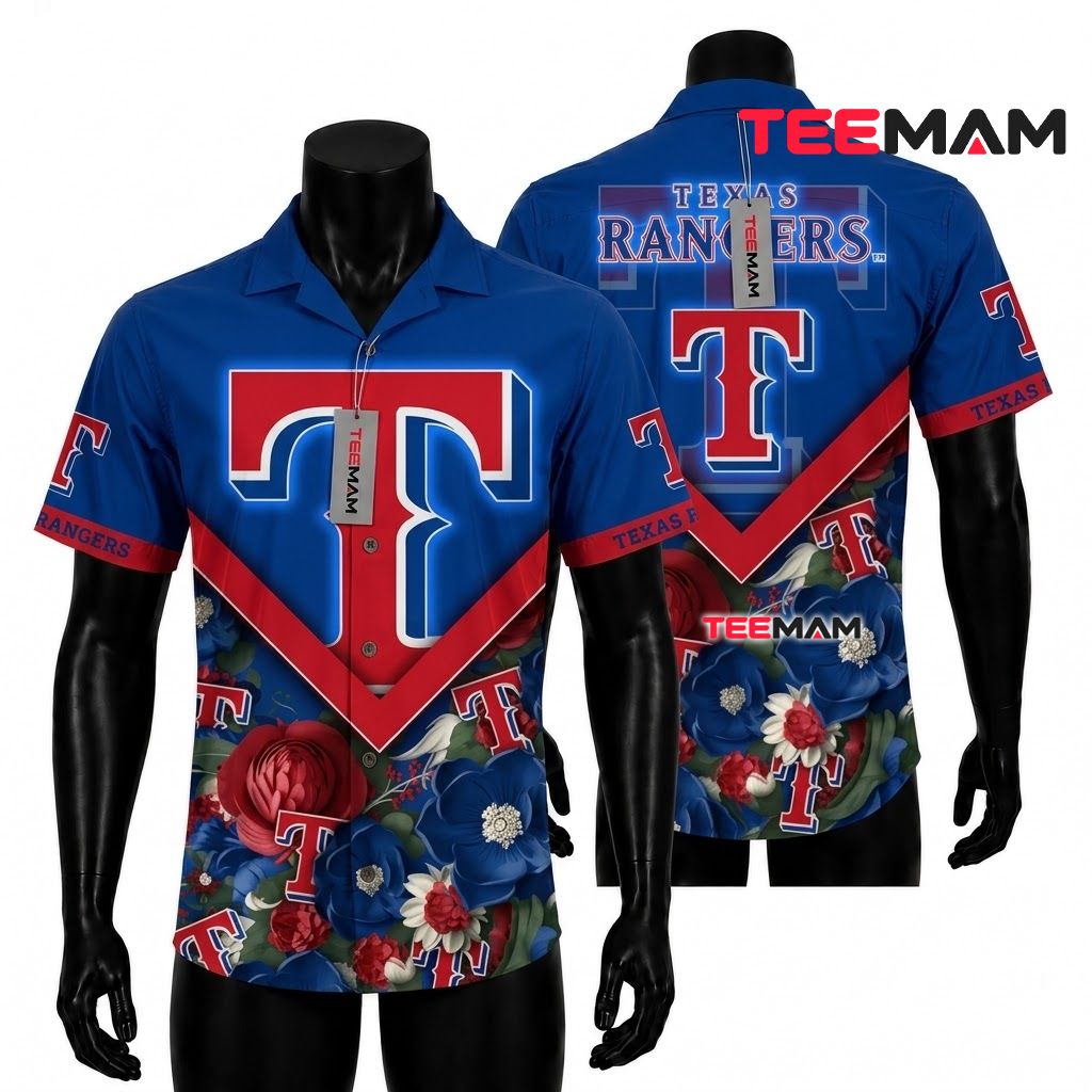 Texas Rangers Hawaiian Shirt Diamond Floral Front