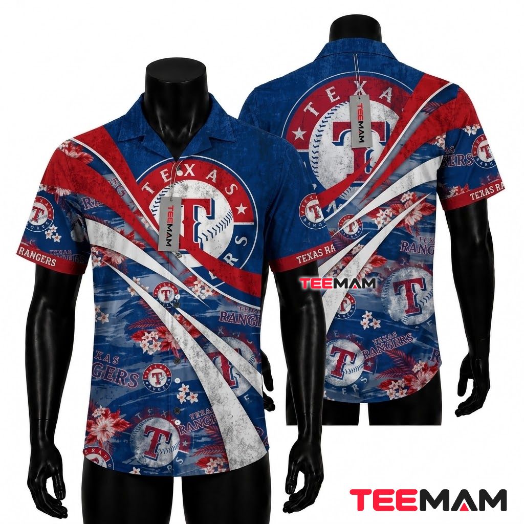 Texas Rangers Hawaiian Shirt Grunge Curved Front