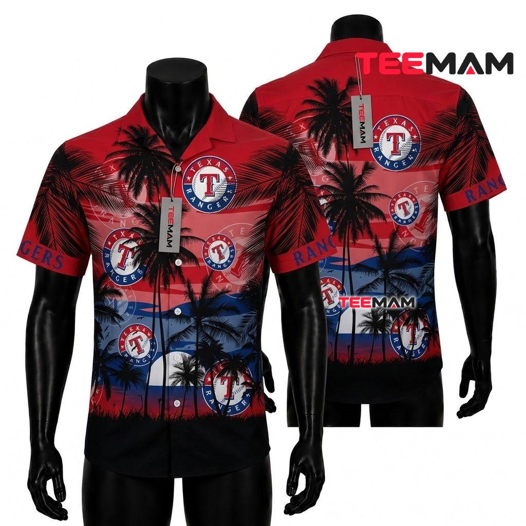 Texas Rangers Hawaiian Shirt Moonlight Palm Front