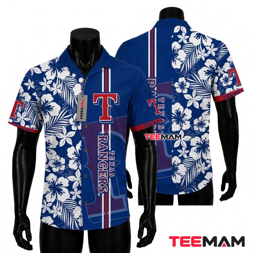 Texas Rangers Hawaiian Shirt White Floral Stripe Front