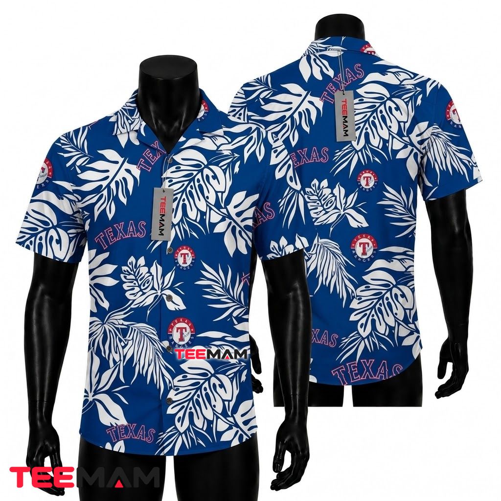 Texas Rangers Hawaiian Shirt White Leaf Blue Front