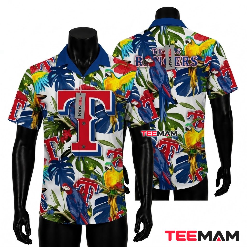 Texas Rangers Tropical Shirt Colorful Parrot Front