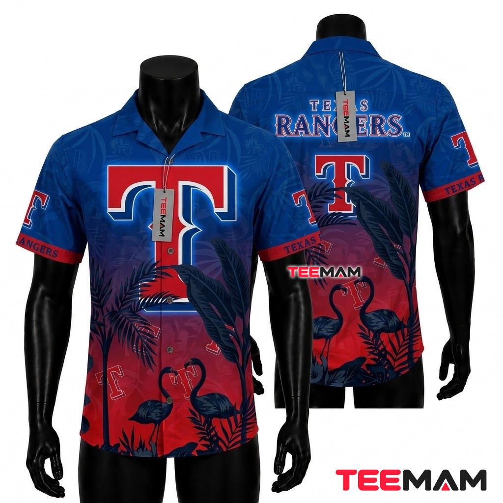Texas Rangers Tropical Shirt Flamingo Sunset Front
