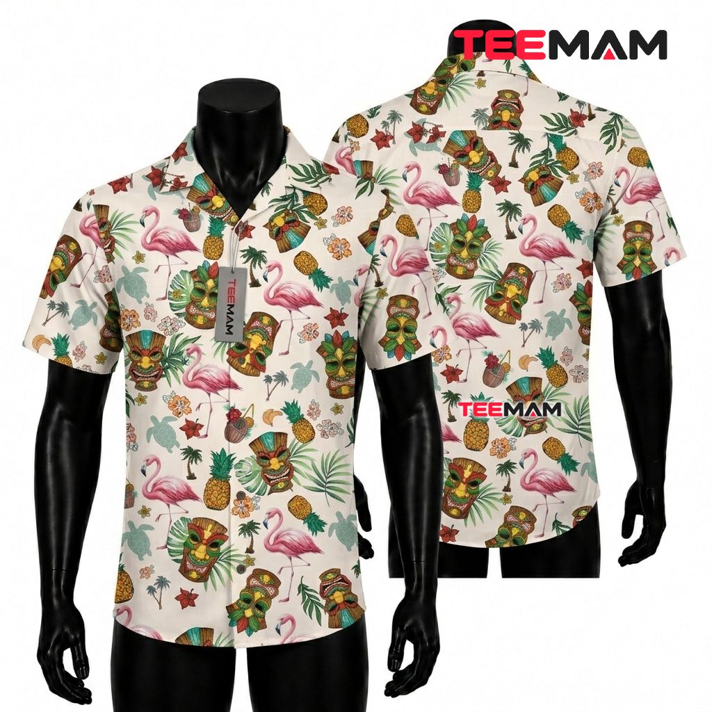 Tiki Mask Flamingo Hawaiian Shirt Tropical Pineapple Sea Turtle Beige Front