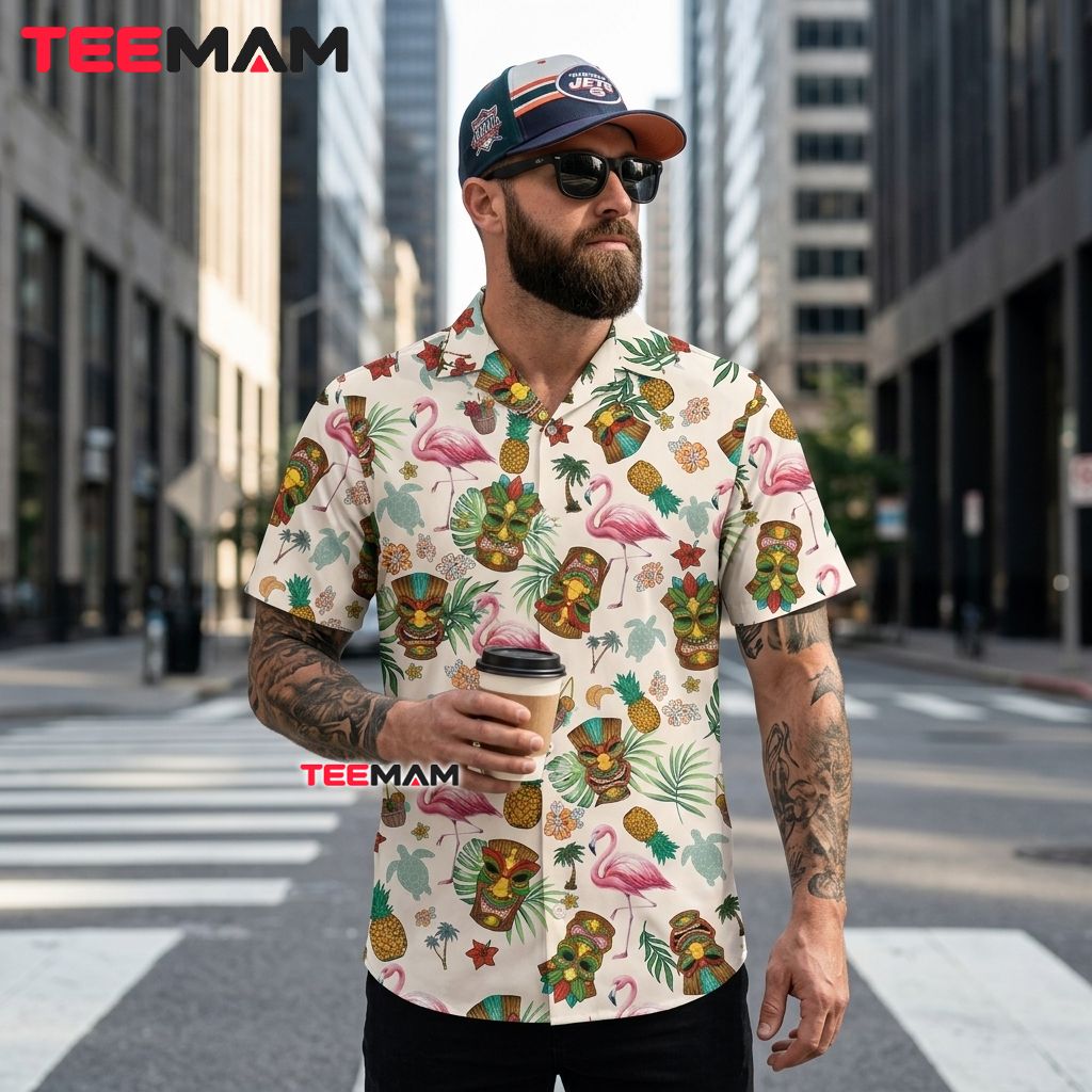 Tiki Mask Flamingo Hawaiian Shirt Tropical Pineapple Sea Turtle Beige Back Tiki Mask Flamingo Hawaiian Shirt Tropical Pineapple Sea Turtle Beige Back