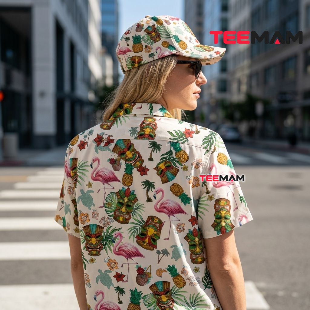 Tiki Mask Flamingo Hawaiian Shirt Tropical Pineapple Sea Turtle Beige Version 3 Tiki Mask Flamingo Hawaiian Shirt Tropical Pineapple Sea Turtle Beige Version 3