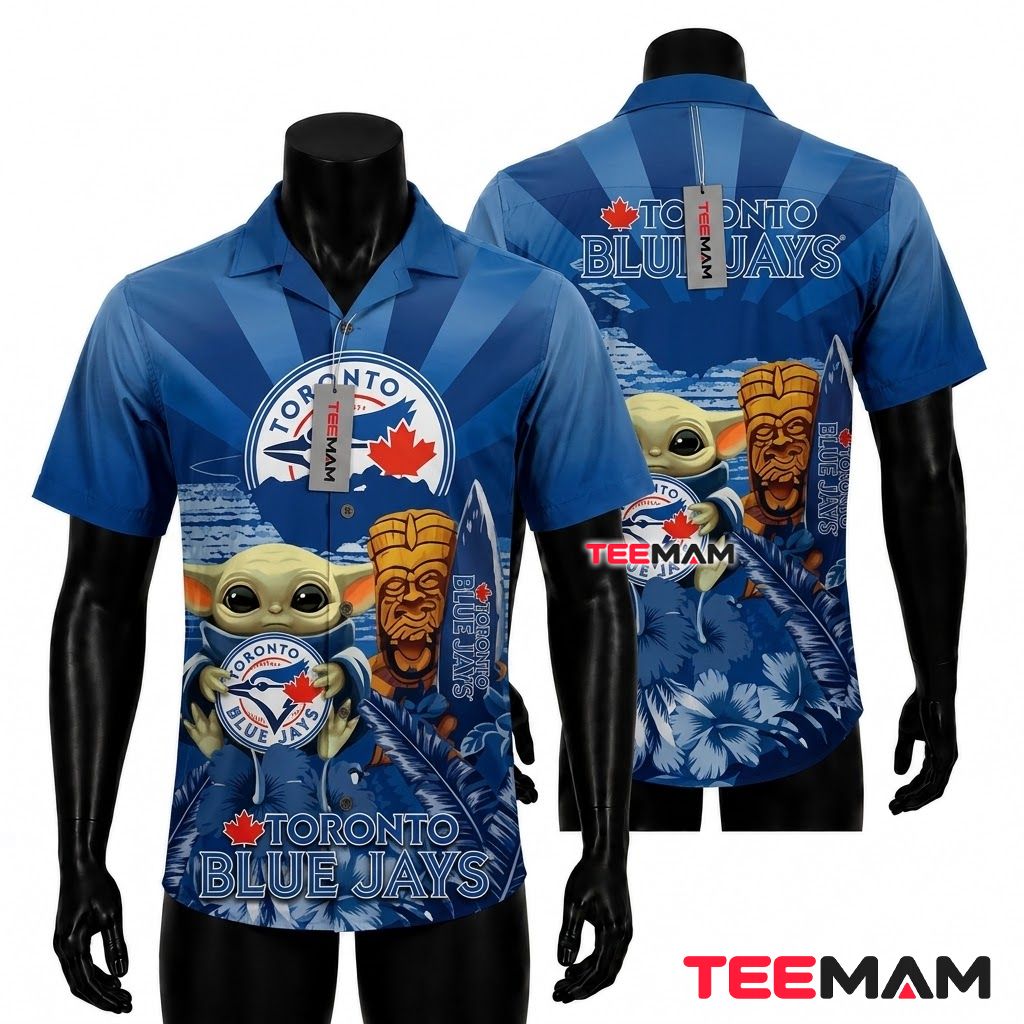 Toronto Blue Jays Aloha Shirt Baby Yoda Tiki Surfboard Front