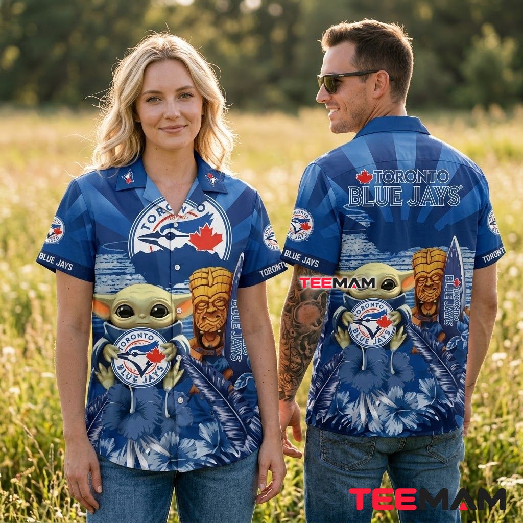 Toronto Blue Jays Aloha Shirt Baby Yoda Tiki Surfboard Back Toronto Blue Jays Aloha Shirt Baby Yoda Tiki Surfboard Back