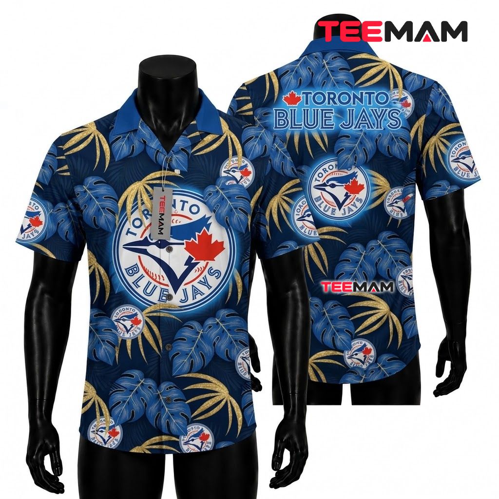 Toronto Blue Jays Hawaiian Shirt Golden Monstera Leaf Print Front
