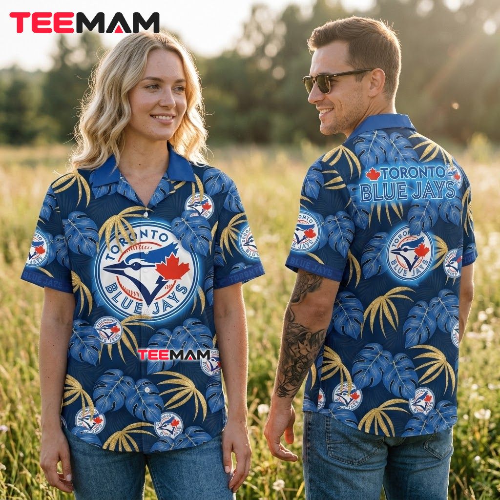 Toronto Blue Jays Hawaiian Shirt Golden Monstera Leaf Print Back Toronto Blue Jays Hawaiian Shirt Golden Monstera Leaf Print Back