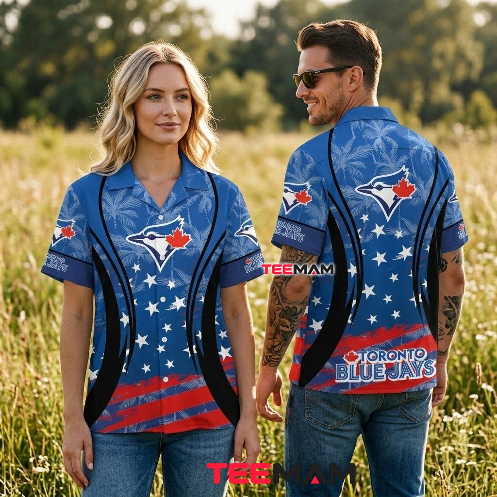 Toronto Blue Jays Hawaiian Shirt Palm Tree USA Flag Back Toronto Blue Jays Hawaiian Shirt Palm Tree USA Flag Back