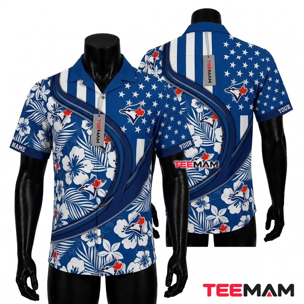 Toronto Blue Jays Hawaiian Shirt Personalized Hibiscus US Flag Front