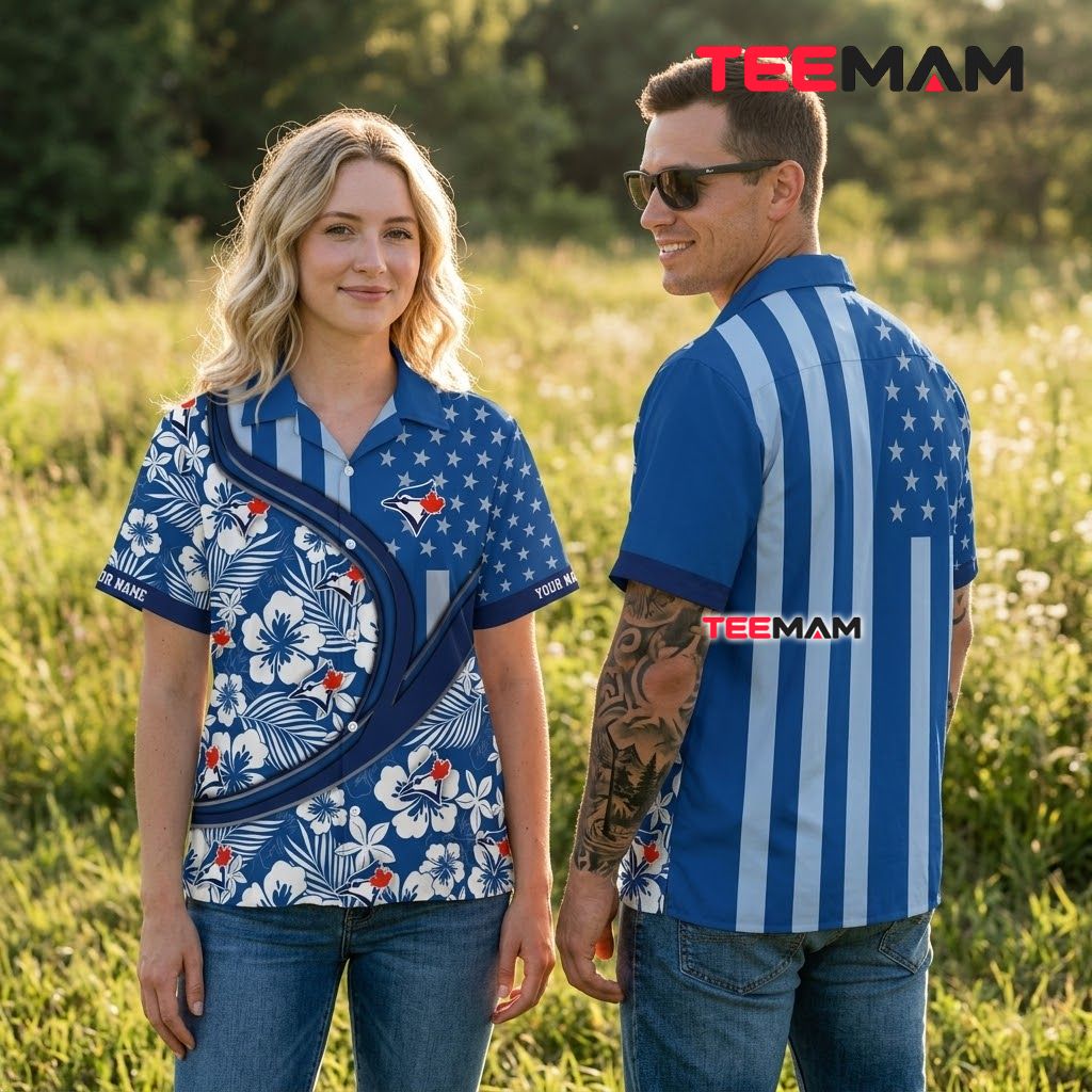 Toronto Blue Jays Hawaiian Shirt Personalized Hibiscus US Flag Back Toronto Blue Jays Hawaiian Shirt Personalized Hibiscus US Flag Back