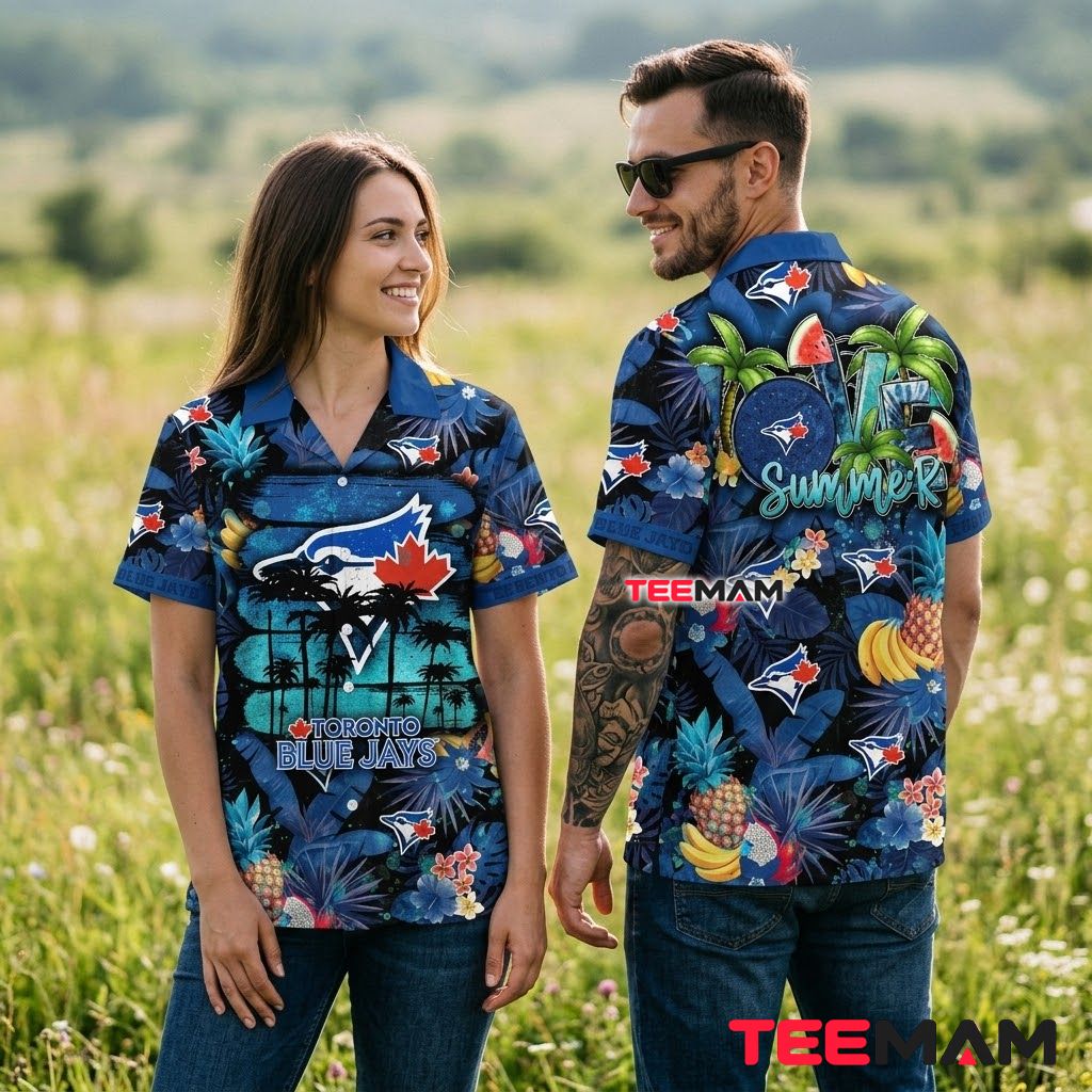 Toronto Blue Jays Hawaiian Shirt Summer Fruit Palm Print Back Toronto Blue Jays Hawaiian Shirt Summer Fruit Palm Print Back