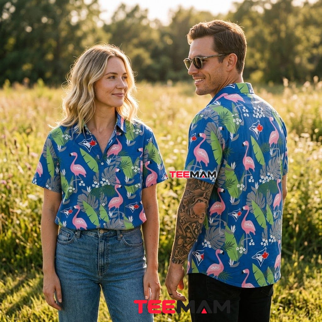Toronto Blue Jays Tropical Shirt Flamingo Palm Leaf Print Back Toronto Blue Jays Tropical Shirt Flamingo Palm Leaf Print Back