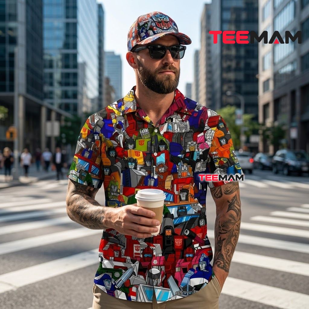 Transformers Hawaiian Shirt Autobots Character Collage Print Back Transformers Hawaiian Shirt Autobots Character Collage Print Back