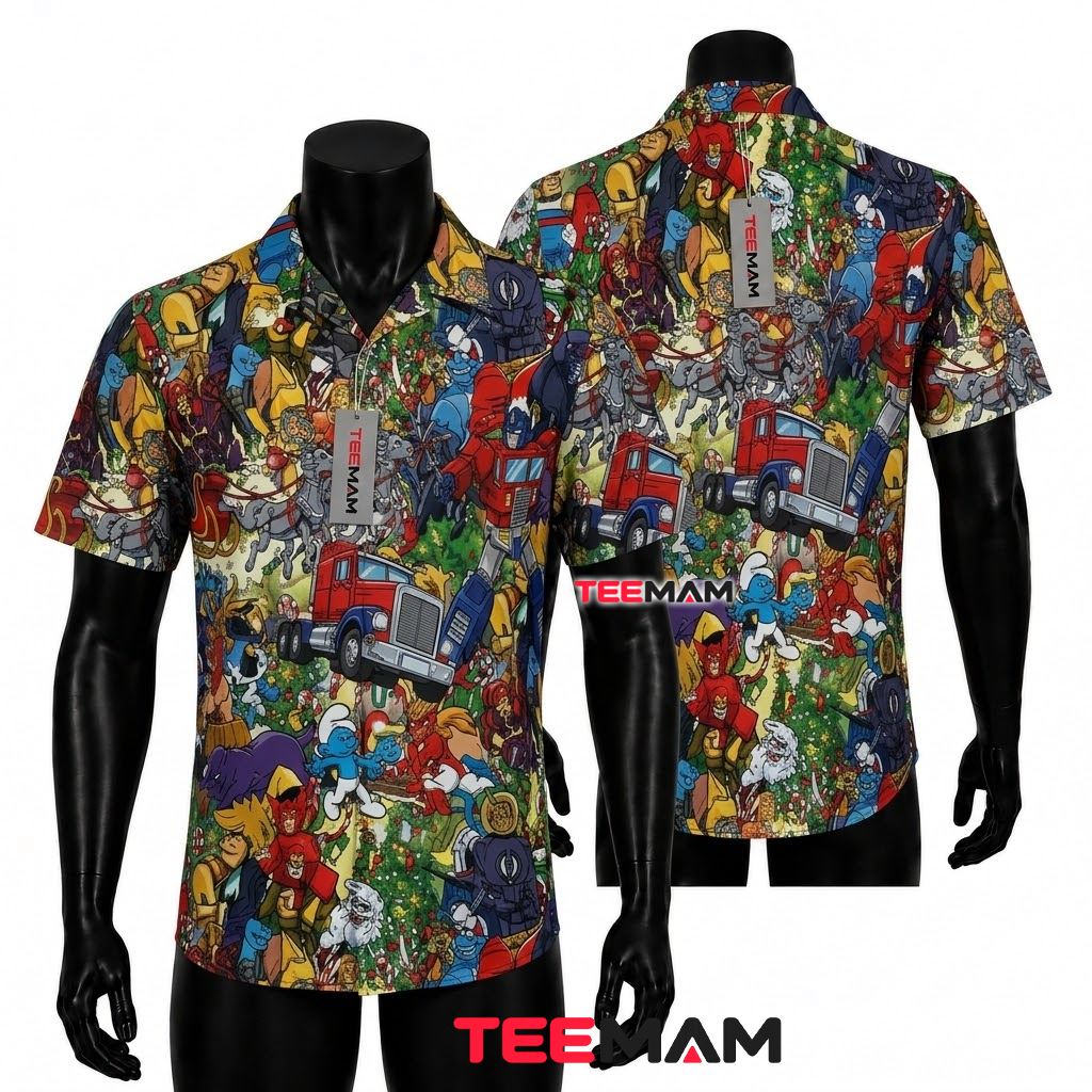 Transformers Hawaiian Shirt Christmas Cartoon Mashup Print Front
