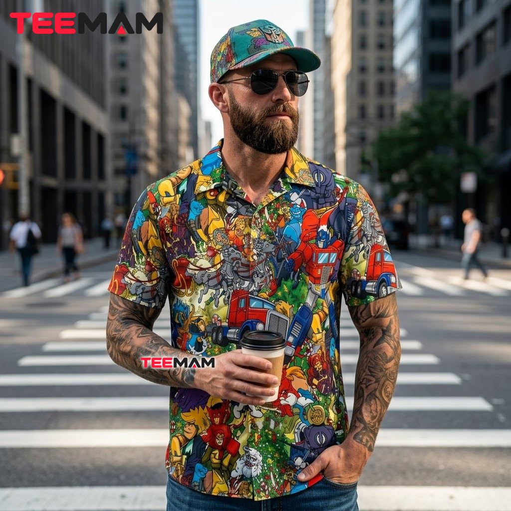 Transformers Hawaiian Shirt Christmas Cartoon Mashup Print Back Transformers Hawaiian Shirt Christmas Cartoon Mashup Print Back