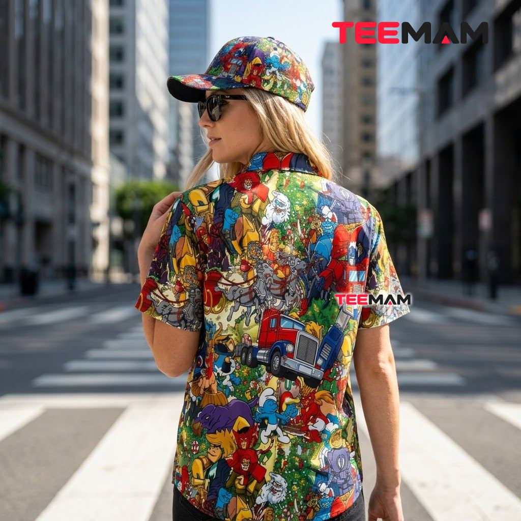 Transformers Hawaiian Shirt Christmas Cartoon Mashup Print Version 3 Transformers Hawaiian Shirt Christmas Cartoon Mashup Print Version 3