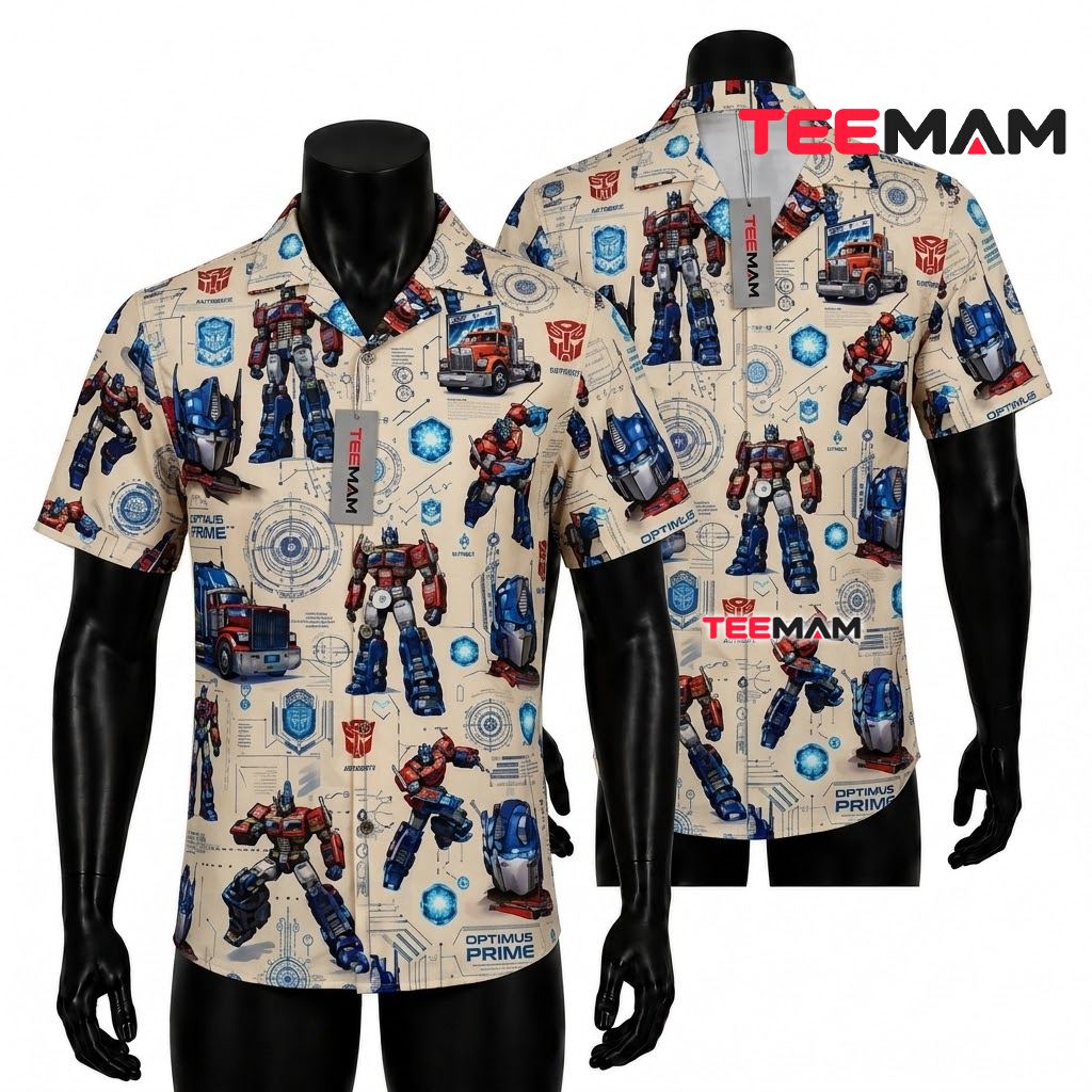 Transformers Hawaiian Shirt Optimus Prime Blueprint Print Front