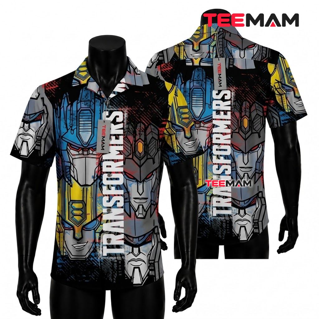 Transformers Hawaiian Shirt Pixel Robot Navy Print Transformers Hawaiian Shirt Pixel Robot Navy Print