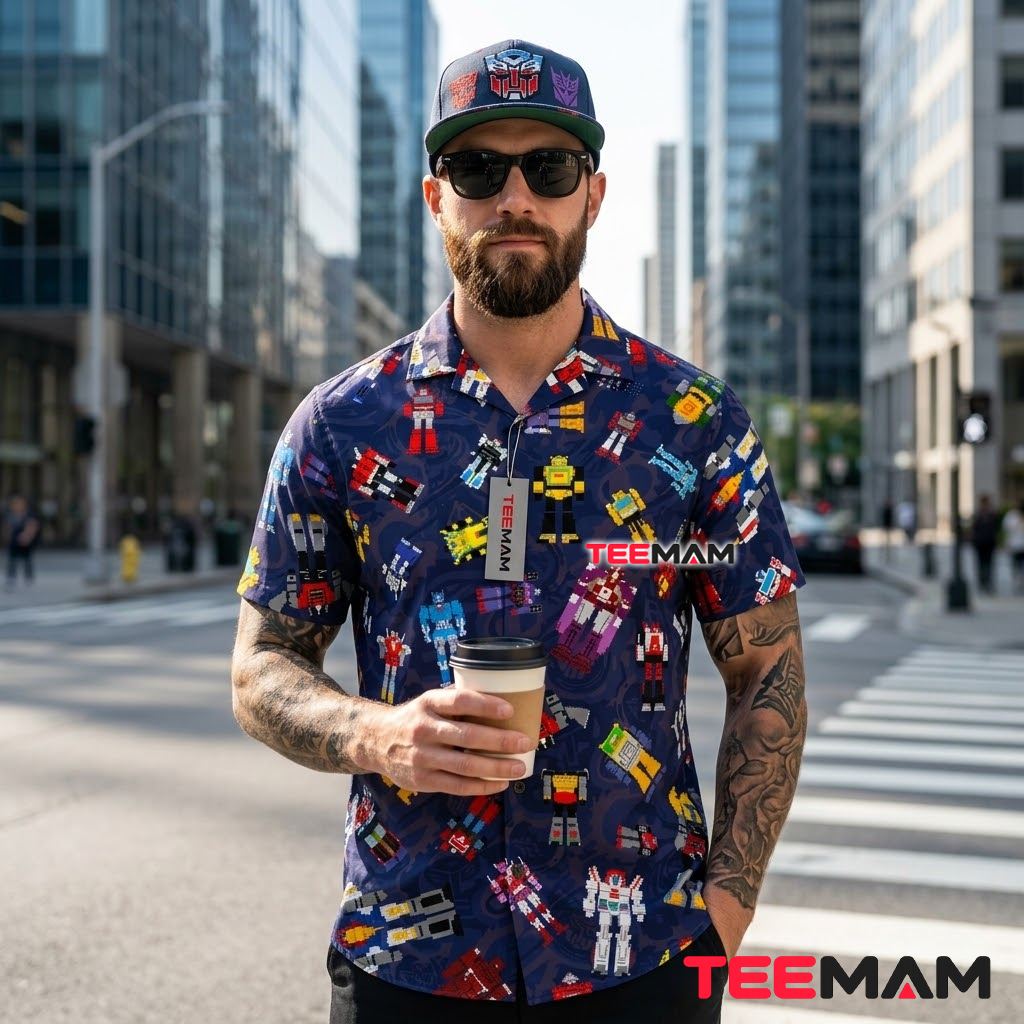 Transformers Hawaiian Shirt Pixel Robot Navy Print Back Transformers Hawaiian Shirt Pixel Robot Navy Print Back