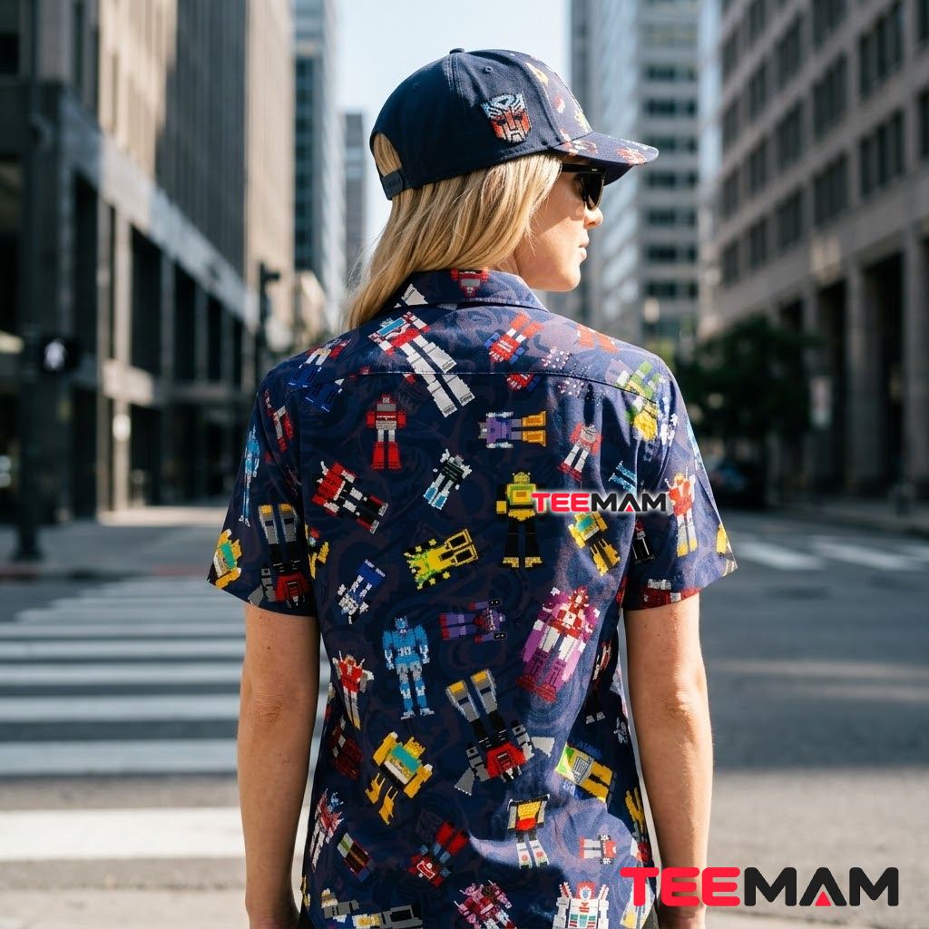 Transformers Hawaiian Shirt Pixel Robot Navy Print Version 3 Transformers Hawaiian Shirt Pixel Robot Navy Print Version 3