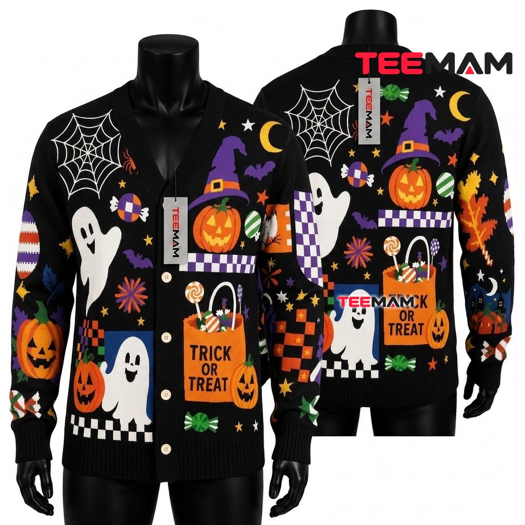 Trick Or Treat Halloween Cardigan Ghost Pumpkin Sweater 1