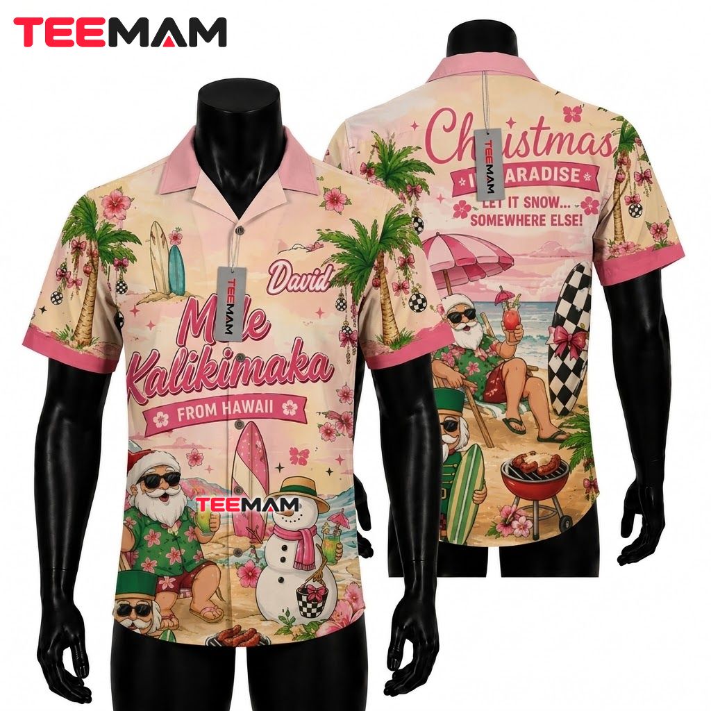Tropical Christmas Hawaiian Shirt Mele Kalikimaka Beach Santa Pink Front